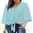 thumbnail image 4 of CHUANK Women‘s Button Down V Neck Tops Ruffled 3/4 Sleeve Tie Knot Front Blouses White Sizes S-2XL, 4 of 5