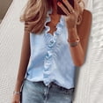 thumbnail image 2 of Women's Casual Solid Color Ruffle Collar Long Sleeve Ruffle Shirt Blouse V Neck Short Sleeve Shirt Tops, 2 of 8