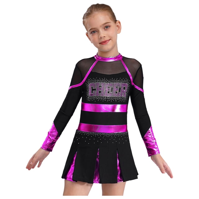 RUNQHUI Filles Enfants Paillettes Manches Longues Robe de Danse Ballet Uniforme d'Équipe Compétition Encouragement Danse Noir&Rose Vif 14