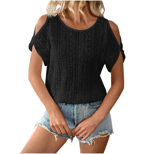Plebaso T-Shirts à Épaules Dénudées pour Femmes Manches Courtes Col Rond Blouses Tuniques Décontractées Ajourées