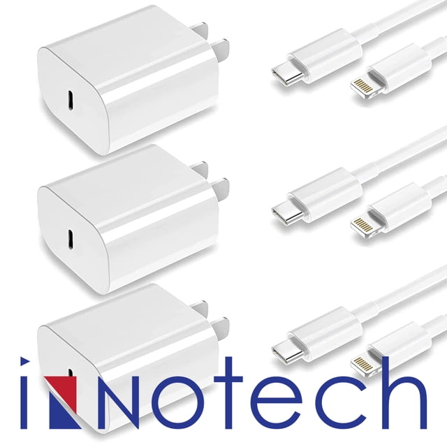 For Apple iPhone 14 13 12 11 Super Fast Lightning Charging cable with 20W Adapter USB C 3 FT Wall Charger, featuring three white USB-C PD 3.0 power delivery wall plugs and three MFi certified USB-C to Lightning cables. Compatible with Apple devices including iPhone 14, 13, 12, 11, iPads, and AirPods. Lightweight design ideal for travel and fast charging.