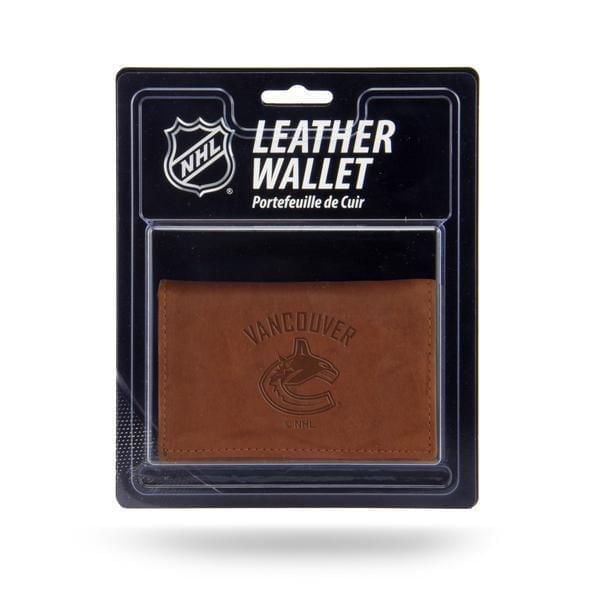 Rico NHL Vancouver Canucks Leather-Faux Int Wallet in brown with embossed team logo on front, displayed in black retail packaging, featuring multiple credit card slots, ID display slot, and billfold design for secure storage.