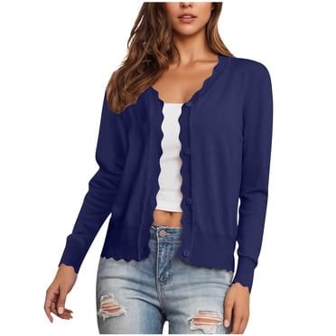 Cardigans en Tricot à Manches Longues pour Femmes, Chandail Cardigan Léger à Boutons, Automne, Décontracté, Col en V, Veste Mince, Bleu Foncé, L