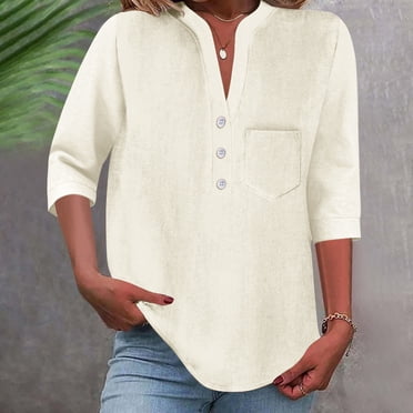 Ovbmpzd T-Shirts à Manches Courtes pour Femmes Tendance Coton Beige Col en V Uni Blouses d'Entraînement T-Shirts pour Femmes TTTTG