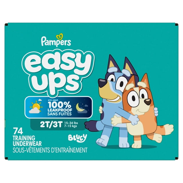 Pampers Easy Ups Girls & Boys Potty Training Pants, Size 2T-3T (15-34 lbs), box of 74 training underwear featuring Bluey characters on teal packaging, with up to 100% leakproof day and night protection for toddler potty training.