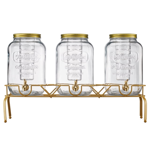 KFFKFF Distributeur de Boissons, Lot de 3 Distributeurs de Boissons de 2 Gallons pour Fêtes, Distributeur de Jus en Verre avec Support en Métal, Robinet en Acier Inoxydable, Infuseur, Thé Glacé Limonade Jus Eau Distributeurs
