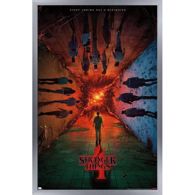 Netflix Stranger Things: Season 4 - Group Teaser One Sheet Wall Poster, 22.375" x 34", depicting a front-facing corridor with a fiery glowing portal at the center. Characters stand on the floor and ceiling separated by a glowing fissure, with the red Stranger Things 4 logo at the bottom. The tiled floor shows scattered papers and a bicycle on the left. Printed on glossy poster paper, this high-resolution wall art is suitable for home décor and dorm rooms.