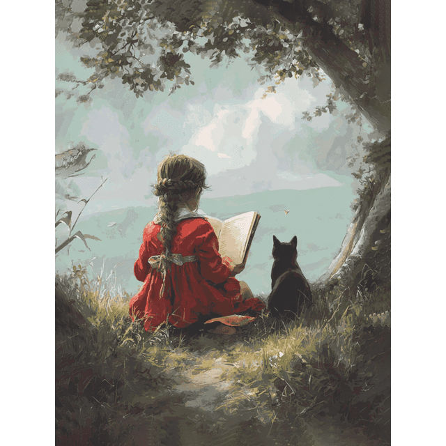 Girl Reading With Cat Library Canvas Wall Art 15.75x11.81 Inches