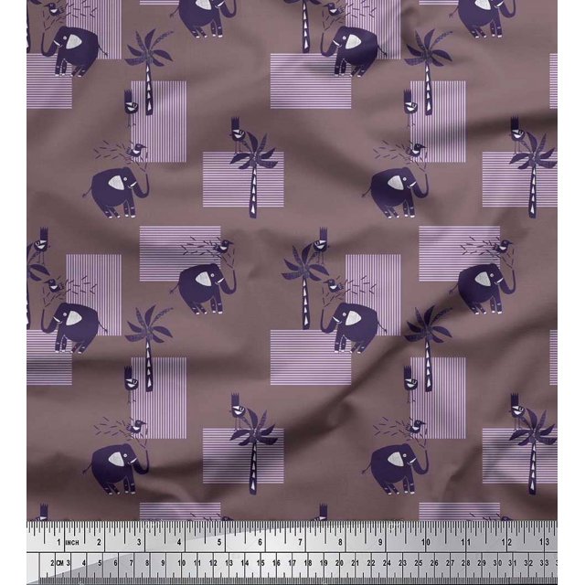 Soimoi Rayon Fabric Bird,Coconut Tree & Elephant Kids Printed Craft Fabric by The Yard 56 Inch Wide