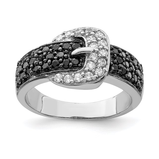 925 Sterling Silver Rhodium Black and Clear Cubic Zirconia Buckle Ring
