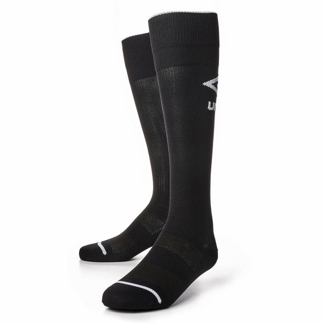 Umbro Adult Soccer Socks Black Mens with knee-high length, moisture-wicking fabric, mesh ventilation for airflow, seamless toe construction, arch support, and white Umbro logo on the calf, suitable for soccer and athletic activities.