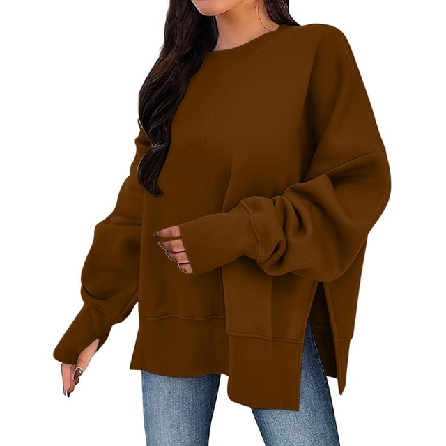 Timegard Oversized Sweatshirt for Women Thumb Hole Side Split Pullover Fall Loose Long Sleeve Tops