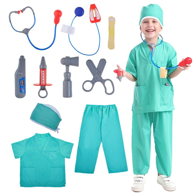 TOPTIE Costumes de Chirurgien pour Enfants de 3 à 6 Ans, Comprenant une Chemise Chirurgicale Verte, un Pantalon et une Casquette, Ainsi Que des Outils Médicaux Jouets Incluant un Stéthoscope, un Thermomètre, une Seringue, un Tensiomètre, un Marteau, des Ciseaux et un bandage. Parfaits pour les Costumes d'Halloween pour Enfants, les Déguisements et les Fêtes à Thème.