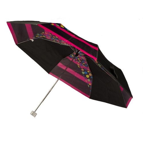 Weather Station Super Mini 38in Umbrella with a 42-inch black canopy featuring pink stripes and multicolored polka dots, manual push-pull operation, silver metal shaft, and molded plastic handle, suitable for travel and everyday weather protection.