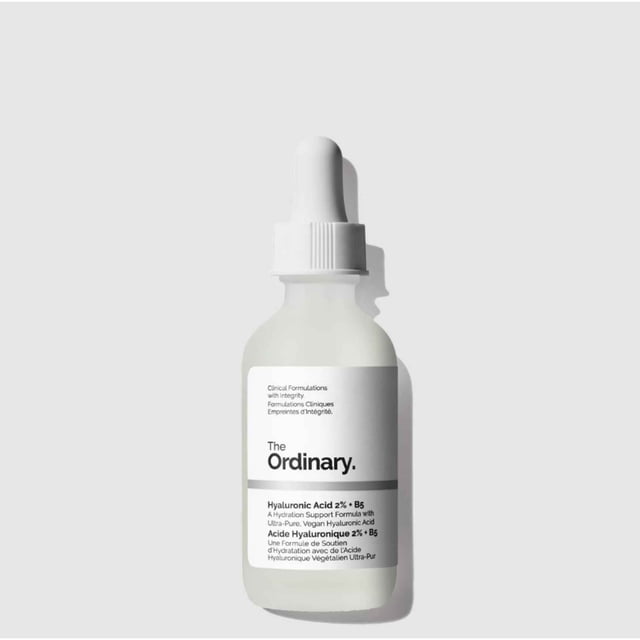 The Ordinary Hyaluronic Acid 2% + B5 30ML x 2 Bottles, featuring a water-based formula with low-, medium-, and high-molecular-weight hyaluronic acid molecules and a next-generation HA crosspolymer for multi-layer hydration. Includes pro-vitamin B5 to enhance outer layer hydration, promoting smoother, plumper skin. The product is shown in a clear glass bottle with a white dropper cap and minimalist label design.