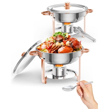 Ensemble de 2 Buffets à Réchaud, Vaisselle Ronde de 5 Qt en Acier Inoxydable avec Couvercles, Porte-Couvercles, Ustensiles, Réchauds de Buffet Rose Doré pour Traiteur, Fêtes, Mariages, Dîners