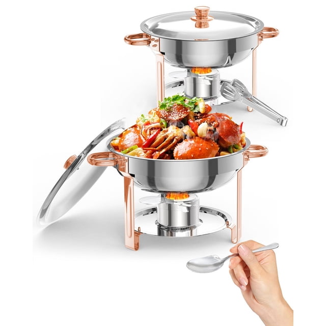 Ensemble de 2 Buffets à Réchaud, Vaisselle Ronde de 5 Qt en Acier Inoxydable avec Couvercles, Porte-Couvercles, Ustensiles, Réchauds de Buffet Rose Doré pour Traiteur, Fêtes, Mariages, Dîners