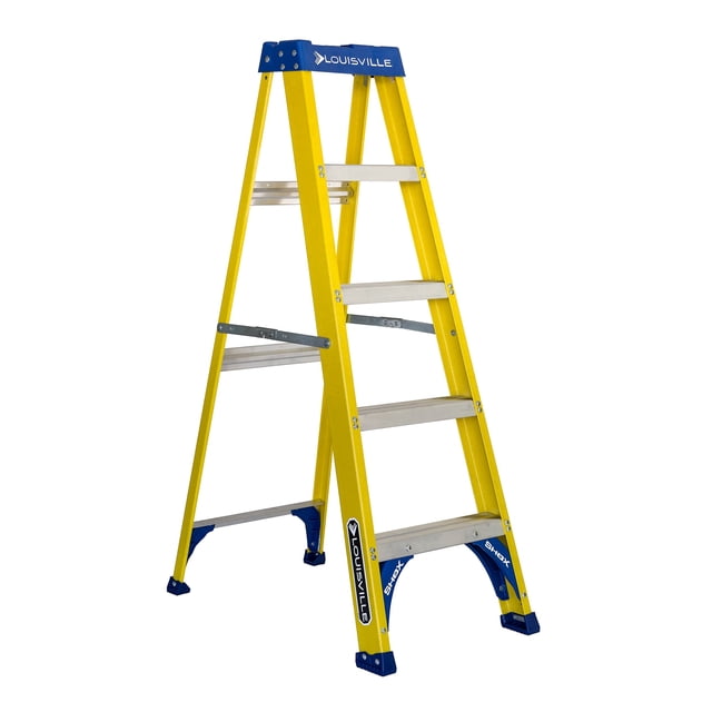 Louisville Ladder FS2005 Fiberglass Step Ladder, 5-Feet/250lb, Yellow. A sturdy 5-foot stepladder made of non-conductive fiberglass with a 250-pound weight capacity. Features include a Pro-Top system with tool slots, a magnet tray, and a paint bucket holder. Equipped with a SHOX system for durability and slip-resistant rubber tread on aluminum angle feet for stability. Meets ANSI and OSHA safety standards, ideal for electrical, construction, and residential tasks.