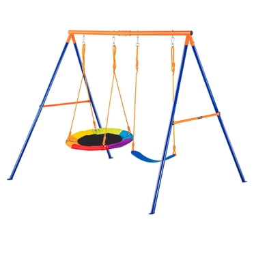 KFFKFF Ensemble de Jeu Extérieur, Structure de Balançoire avec Limite de Poids de 440 Lb, Comprend 1 Balançoire à Disque, 1 Balançoire à Sangle, Support Métallique Robuste en A et Cordon Modifiable, Ensemble de Balançoire de Cour Arrière pour Enfants