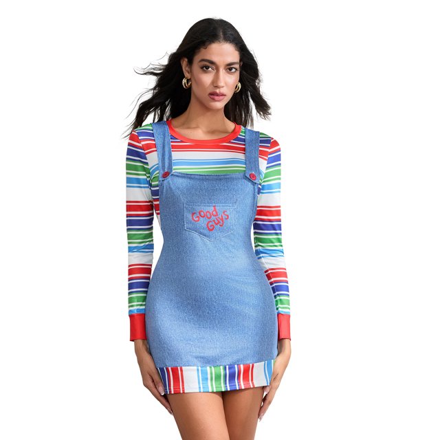 SUNSIOM Déguisement de Poupée Tueuse Effrayante d'Halloween pour Femmes, Haut à Rayures à Manches Longues à Col Ras du Cou avec Robe à Bretelles, Ensemble