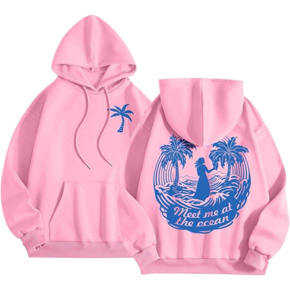 Palm Puff Oversized Hoodies for Women, Teen Girls Preppy Sweatshirt Long Sleeve Y2K Graphic Tees with Pockets, B11 Pink, Large