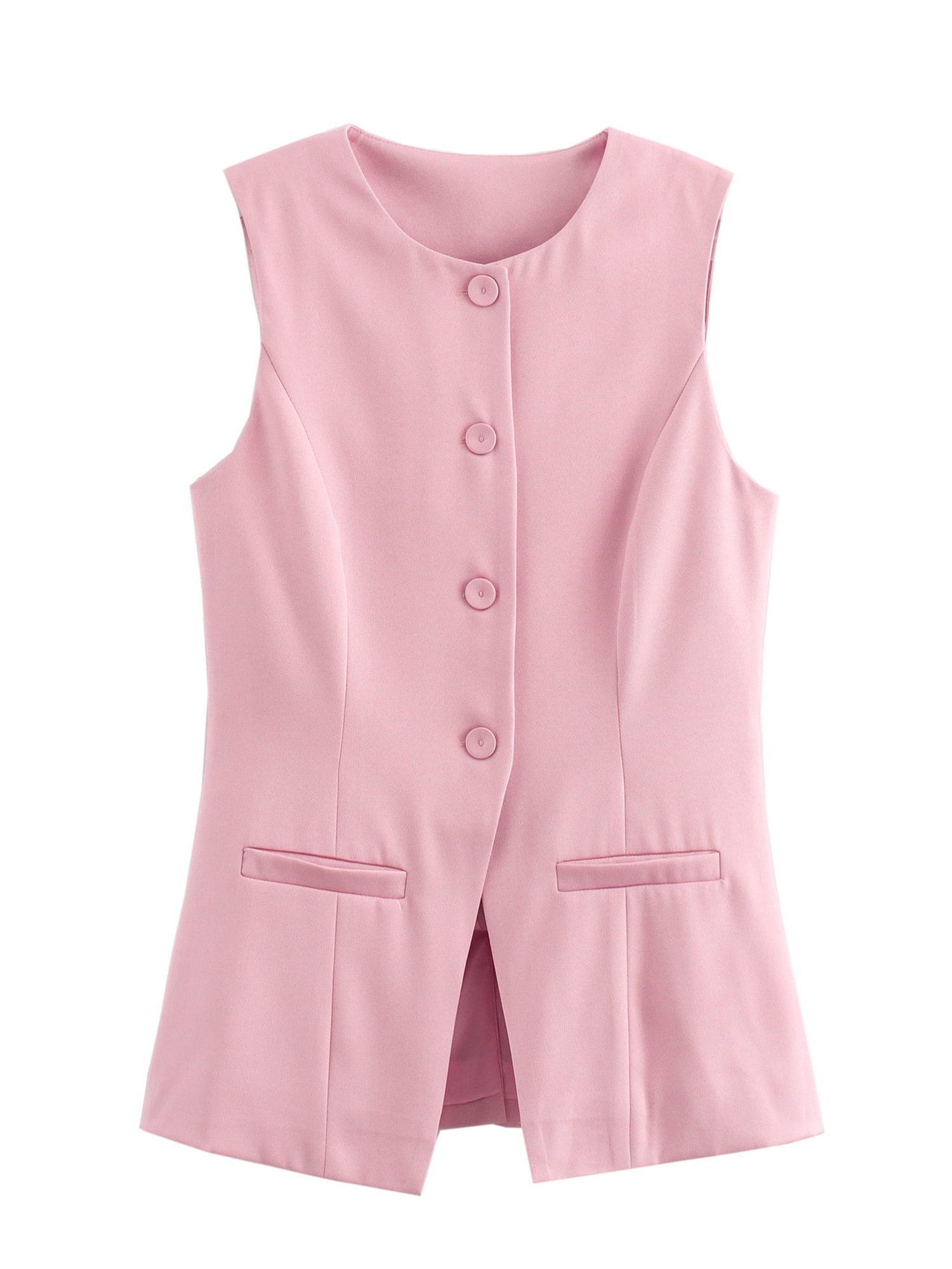Gupgi Women Long Waistcoat Button Down Vest Sleeveless Round Neck Solid Color Slim Fit Tank Tops