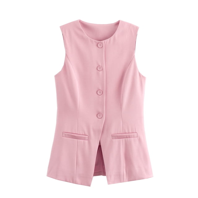 Gupgi Women Long Waistcoat Button Down Vest Sleeveless Round Neck Solid Color Slim Fit Tank Tops