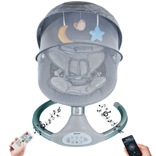 Baby Swing with Remote Control, Grey Fabric Seat, Musical Mobile with Moon and Stars, Adjustable Settings (Silver Gray)