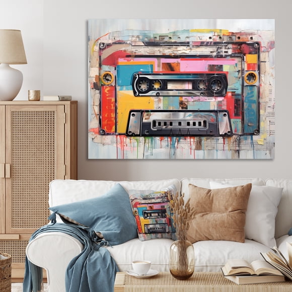 Designart Cassettes Audio Art Mural, Bande Sonore de Couleur Cassettes Audio Mélodie I, Décor d'Art Mural de Cassettes Audio, Toile Moderne Multicolore Art Mural, 44x34 Pouces