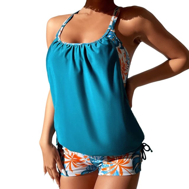RKSTN Womens Tankini Bathing Suits with Shorts Athletic Two Piece Bathing Suits Conservative Print Tank Tops Swimwear