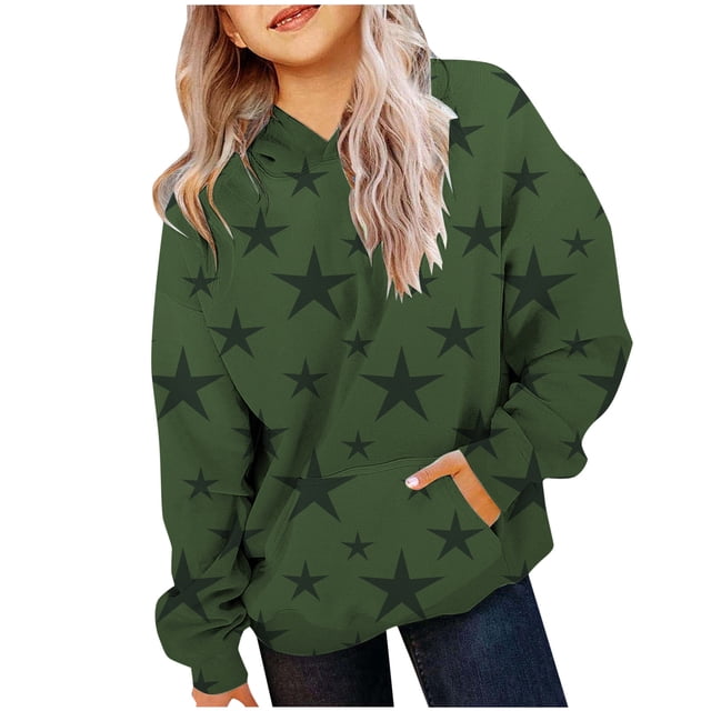 FAOWME Sweat à Capuche Imprimé à Manches Longues pour Filles, Vert Foncé 9-10 Ans