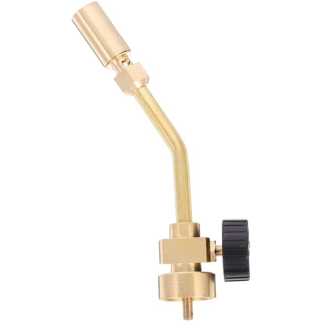 Professional Propane Torch Brass Gas Torch Portable Mapp Torch Welding Accessory. A compact, lightweight brass torch with a pencil flame design, ideal for precision welding, soldering, and heating applications. Features a gas adjustment flame control knob for easy flame sizing. The torch measures 14.00 x 4.50 x 3.00 cm (5.50 x 1.77 x 1.18 inches) and is suitable for tasks like thawing, melting, and heating metal pipes. The durable brass construction ensures long-term use.
