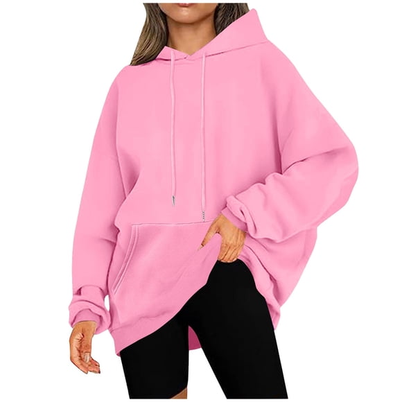 Lenpel Oversized Hoodies for Women Casual Long Sleeve Drawstring Hooded Plus Size Sweatshirts Loose Pullover Tops with Pocket(Pink,5X-Large)