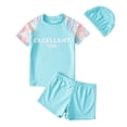 thumbnail image 1 of MIASHUI Boys Two Piece Rash Guard Swimsuits Kids Short Sleeve Bathing Suit with Sun Hat,Blue,3-4 Years, 1 of 3