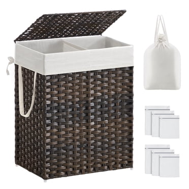SONGMICS Panier à Linge avec Couvercle, Panier à Vêtements de 90 L avec 2 Sacs Doublures Amovibles, 6 Sacs en Maille, Panier à Linge en Osier, Panier à Linge Double pour Salle de Bain, 13 x 18,1 x 23,6 Po, Brun