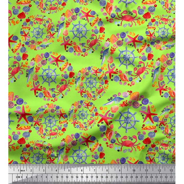 Soimoi Green Moss Georgette Fabric Ship Wheel,Starfish & Seashell Ocean Print Sewing Fabric Yard 42 Inch Wide