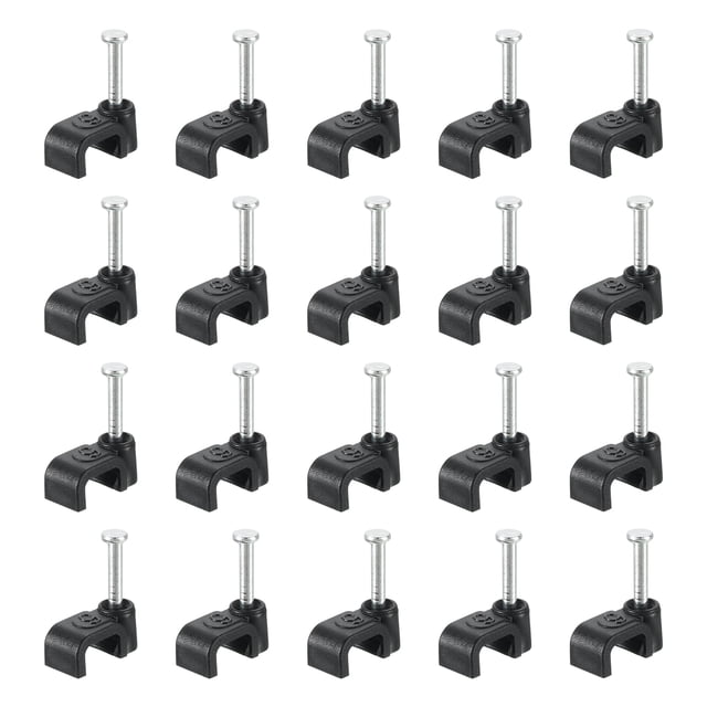 Unique Bargains Cable Clips with Steel Nail, 200Pack 6mm/0.24' Plastic Cable Wire Clips, displayed in a grid pattern. These black clips are made of corrosion-resistant PE plastic with sturdy carbon steel nails, suitable for securing electrical wires and cables like power cords and TV wiring. Designed for wood, plaster, or brick surfaces, they are easy to install and ideal for home or office use. Each clip has a 6mm inner diameter and a 14mm nail length.