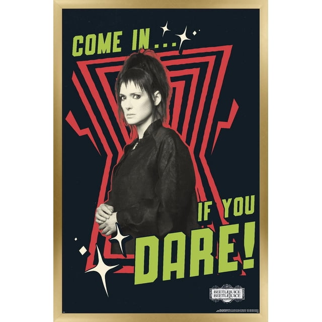 Beetlejuice Beetlejuice - Affiche Murale « Viens Si Tu Oses », 14,725 Po x 22,375 Po Encadrée, Représentant une Figurine en Vêtements Noirs sur un Fond Sombre avec une Forme de Goutte d'Eau Géométrique Rouge et un Texte Vert Audacieux Disant « Viens... Si Tu Oses! » Accentué de Paillettes Blanches Type Étoile, Idéal pour la Déco Murale de la Maison Ou la Décoration de Fête à Thème.