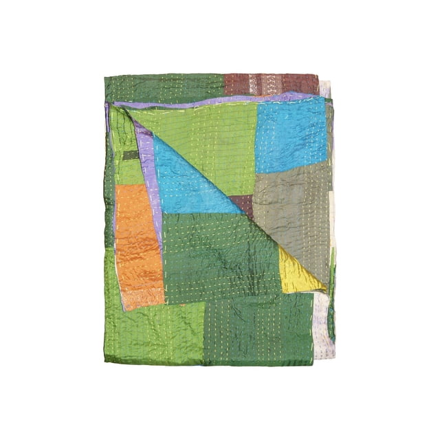 KANTHA SILK THROW BLANKET 50"X70" folded with a colorful patchwork of green, blue, orange, yellow, purple, and brown silk squares hand-stitched with yellow quilting thread, suitable as a throw blanket, tapestry, or table cover.