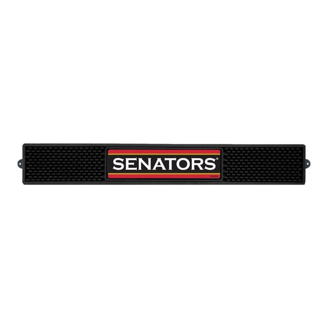 NHL - Ottawa Senators Drink Mat 3.25"x24" is a black rubber mat with textured surface and a central 3D molded 'SENATORS' logo in white on black with red and gold borders, designed to protect bar surfaces from spills and condensation, also suitable as a bar counter drying mat.