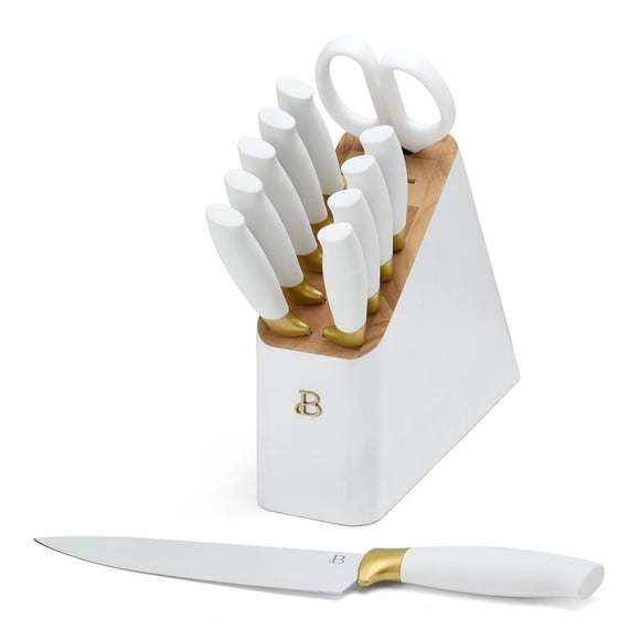 12-Piece Soft Grip White & Gold Cutlery Block Set