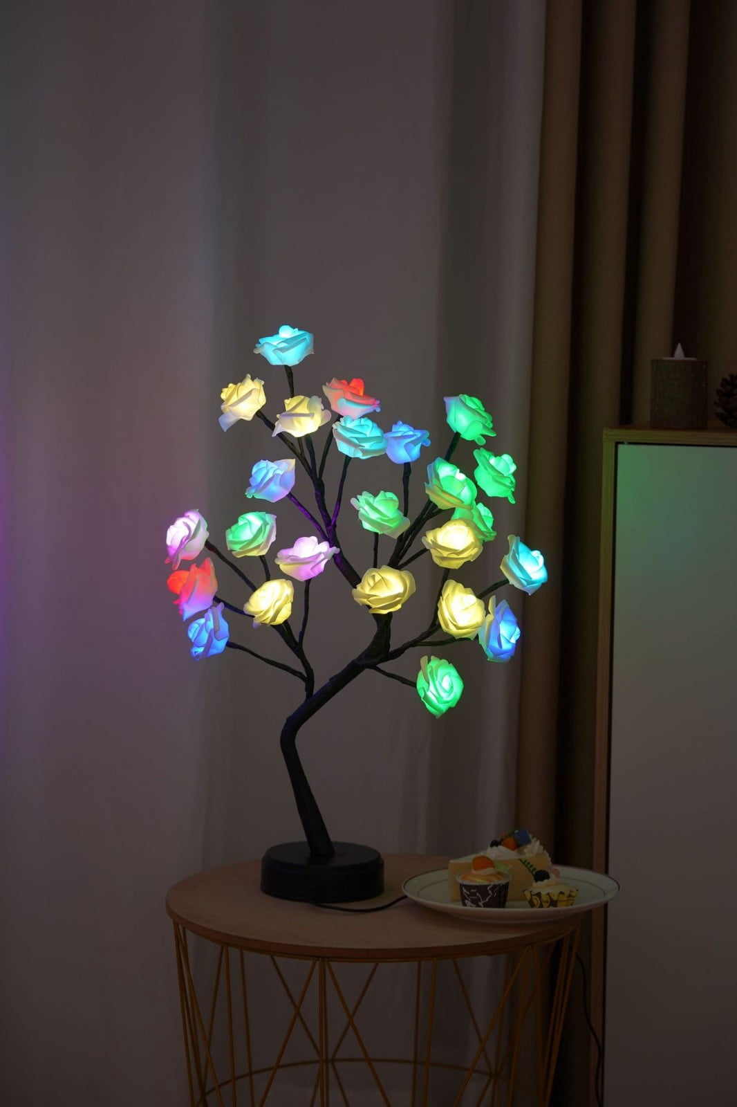 Boovnll Desk Lamp, Rose Flower Table Tree Light 24 Leds Desk Top Bonsai Lighted Tree Battery Operated Usb Plug Powered Tree Table Lamp Rose Flower Desk Tree Lamp for Home Party We, Table Lamp