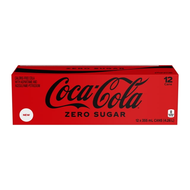 Coca-Cola Zero Sugar Canettes Format Frigo, 355 ml, Lot de 12, une Boîte Rectangulaire Rouge avec le logo Coca-Cola Noir et l'Étiquette Zero Sugar, Contenant Douze Canettes de Boisson Gazeuse Sans Calories Sucrées avec aspartame et Acésulfame-Potassium, Parfaites pour Savourer un Goût de cola Rafraîchissant Zéro Sucre, Convenant Aussi aux Rassemblements Décontractés Ou aux Rafraîchissements Rapides.