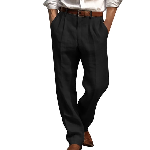 HOZADOIE Black Dress Pants for Men Hidden Expandable Waistband Solid Color Minimalist Pleated Front Straight Leg Dress Pants Soft Casual Pants Lightweight Long Trousers with Pockets