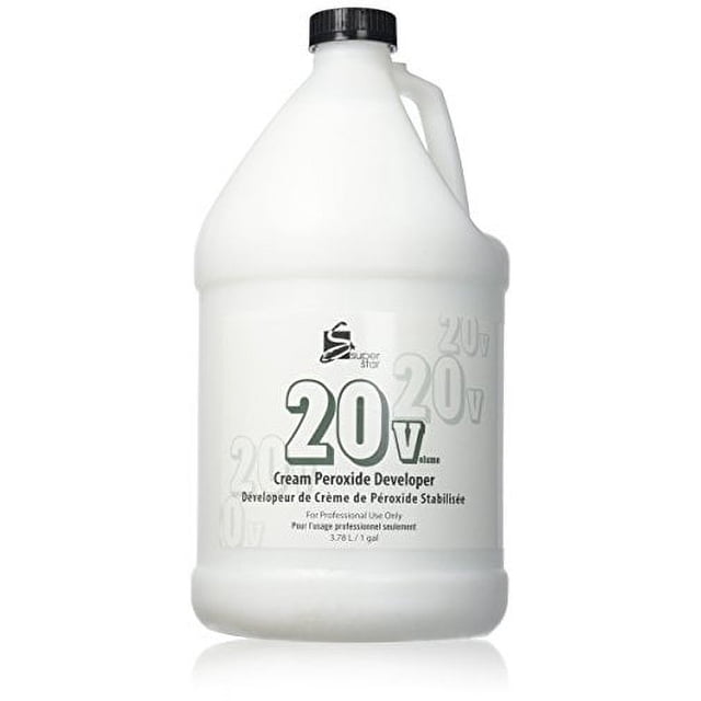 Super Star Stabilized Cream Peroxide Developer, 20v, 3.8 L / 1 Gallon, featuring a white gallon container with black cap and bold '20v' text on the label. Ideal for professional hair colouring, highlighting, and dimensional hair treatments. Value size for extended use. Manufactured in the United States.