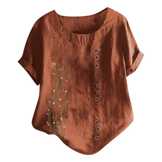 Birdeem Femmes Manches Courtes Décontracté Col Rond Imprimé Ample Bouton Tunique Chemise Blouse Hauts