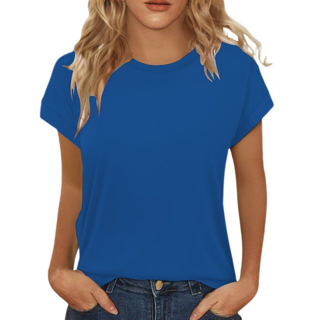 Charmgo Hauts pour Femmes Hauts d'Été pour Femmes Chemises à Manches Courtes Col Rond Tunique Mignonne et Tendance Blouses Hauts de Sortie Hauts Grande Taille pour Femmes Bleu G