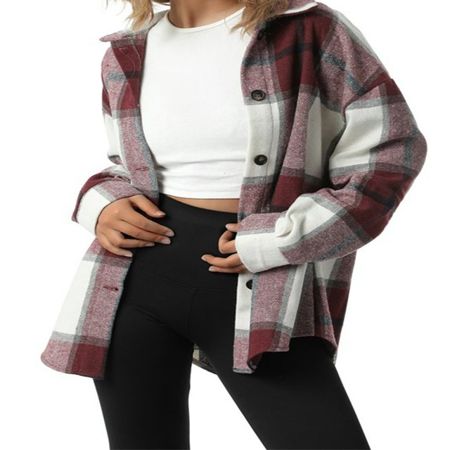 Women‘s Casual Long Sleeve Plaid Shirt Jacket Button Down Blouses Top