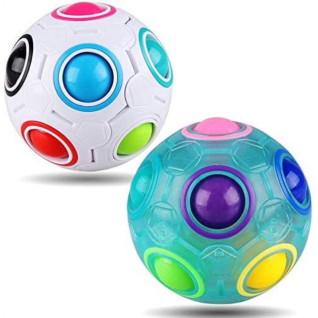 Bundle of 2 Magic Rainbow Ball Cube Fidget Toys, featuring spherical designs with 12 holes and 11 colorful balls. One ball has a white exterior with vibrant colored slots, while the other has a translucent blue-green finish with similar colorful slots. These brain teaser puzzle toys are portable, travel-friendly, and ideal for stress relief, improving cognitive skills, and hand-eye coordination.