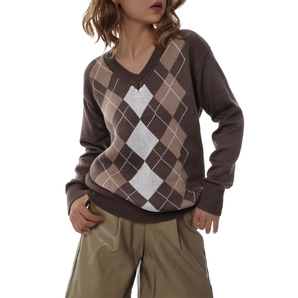 Gupgi Women Argyle Plaid Sweaters Long Sleeve V Neck Knitwear Preppy Style Knit Pullover Winter Sweater Tops